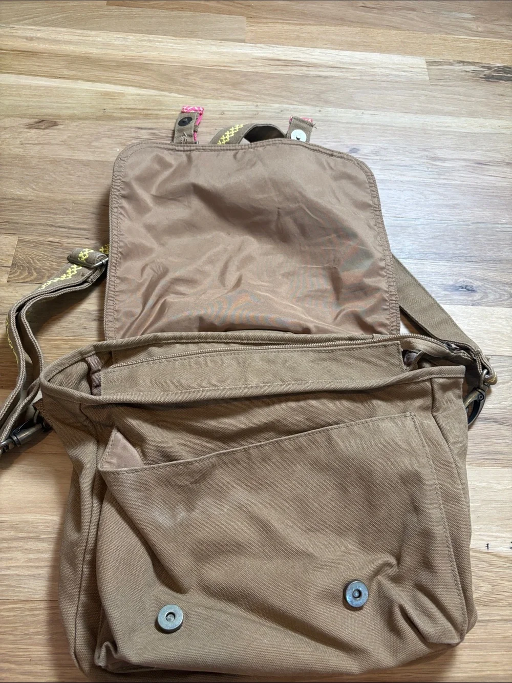 American Girl Brown Canvas Crossbody with Pink Patterned Straps